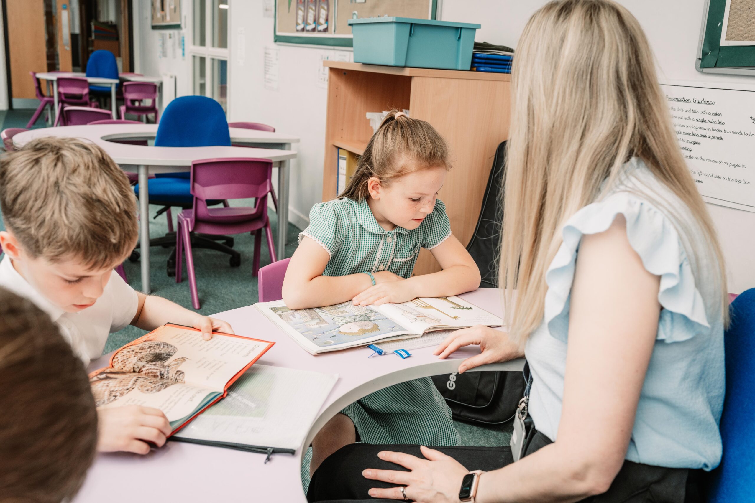 Teacher with pupils helping them learn
